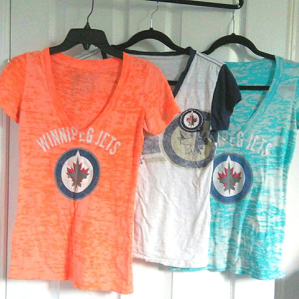 3 Winnipeg Jets Tee: Orange Burnout, White and Blue Burnout